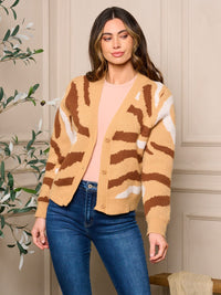 WOMEN'S LONG SLEEVE BUTTON CLOSURE PRINTED SWEATER