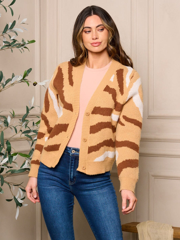 WOMEN'S LONG SLEEVE BUTTON CLOSURE PRINTED SWEATER