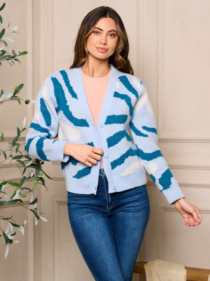 WOMEN'S LONG SLEEVE BUTTON CLOSURE PRINTED SWEATER