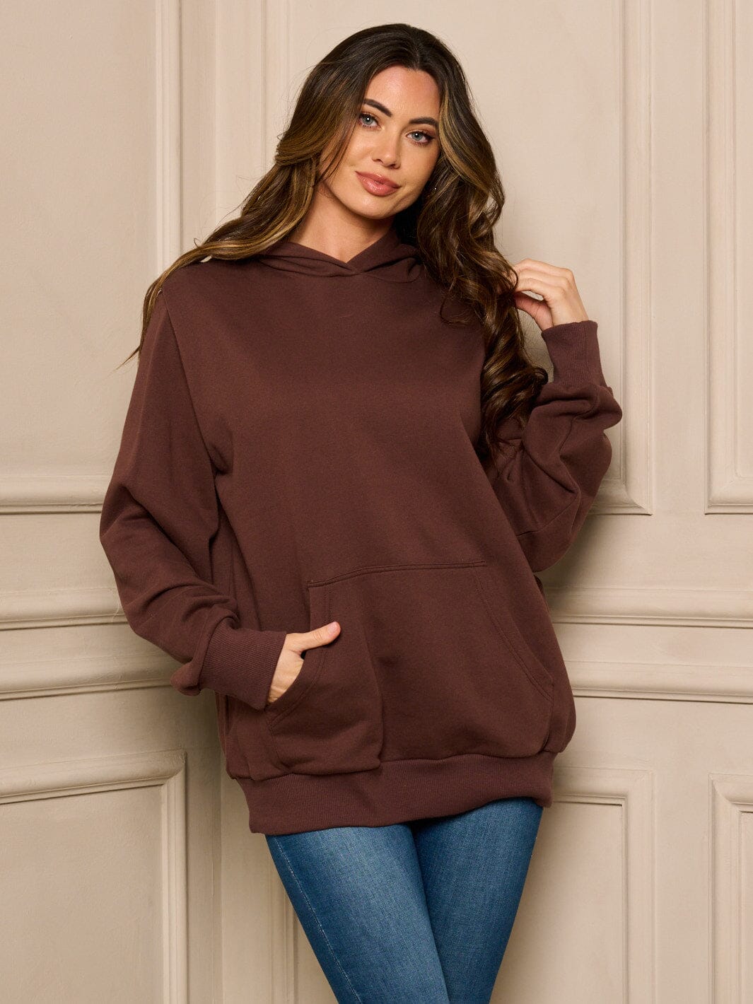 WOMEN'S LONG SLEEVE FRONT POCKETS PULLOVER HOODED SWEATER