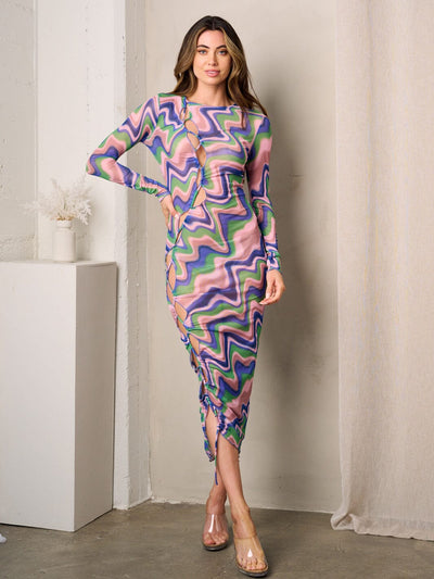 WOMEN'S LONG SLEEVE CUT OUT MULTI COLORS MIDI DRESS