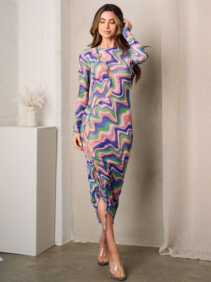 WOMEN'S LONG SLEEVE CUT OUT MULTI COLORS MIDI DRESS