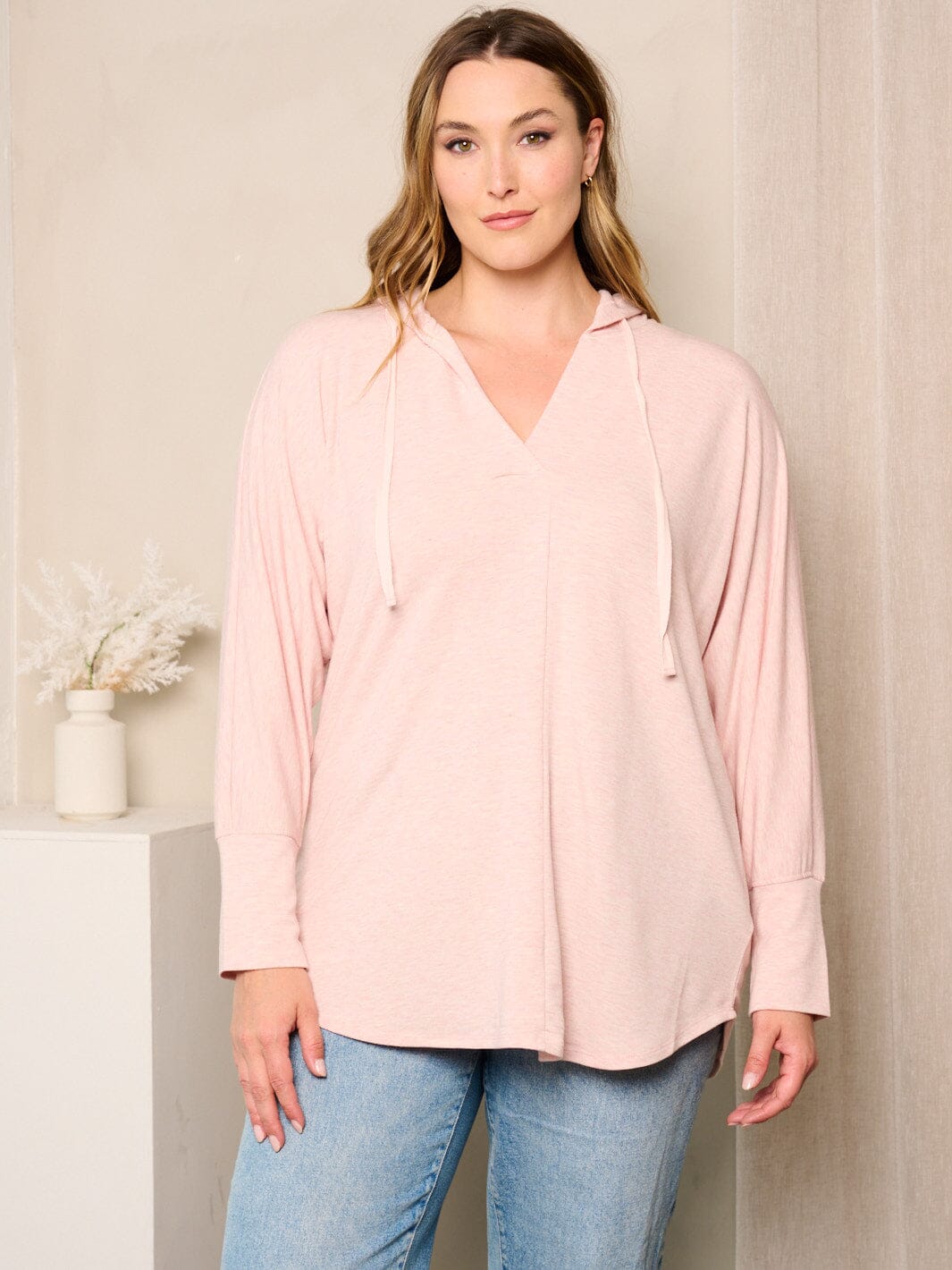 PLUS SIZE LONG SLEEVES V-NECK HOODED TUNIC TOP