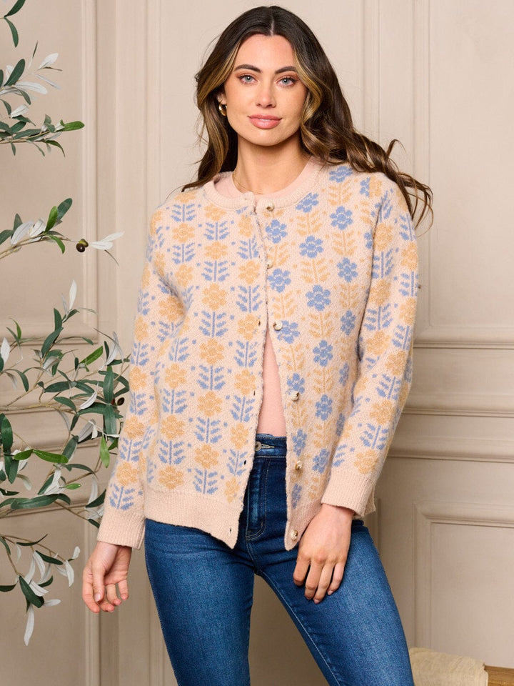 WOMEN'S LONG SLEEVE BUTTON CLOSURE FLORAL SWEATER