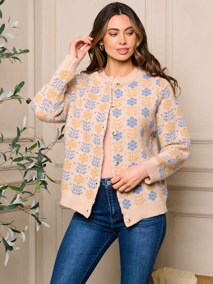 WOMEN'S LONG SLEEVE BUTTON CLOSURE FLORAL SWEATER