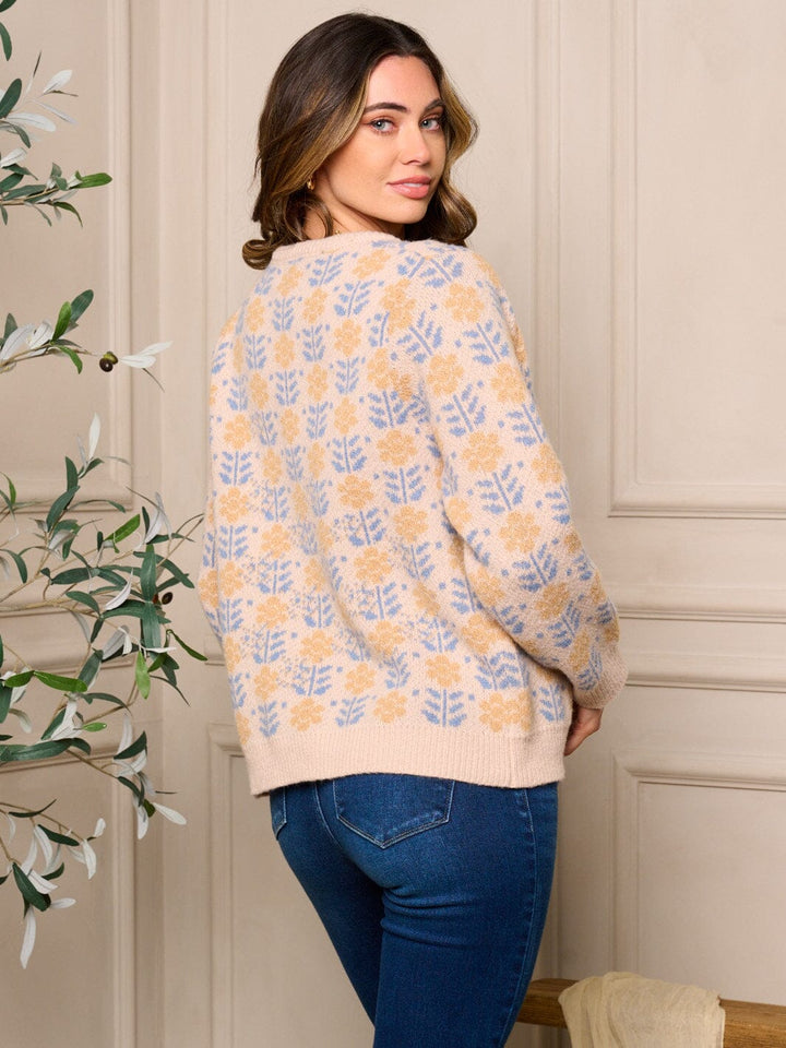 WOMEN'S LONG SLEEVE BUTTON CLOSURE FLORAL SWEATER