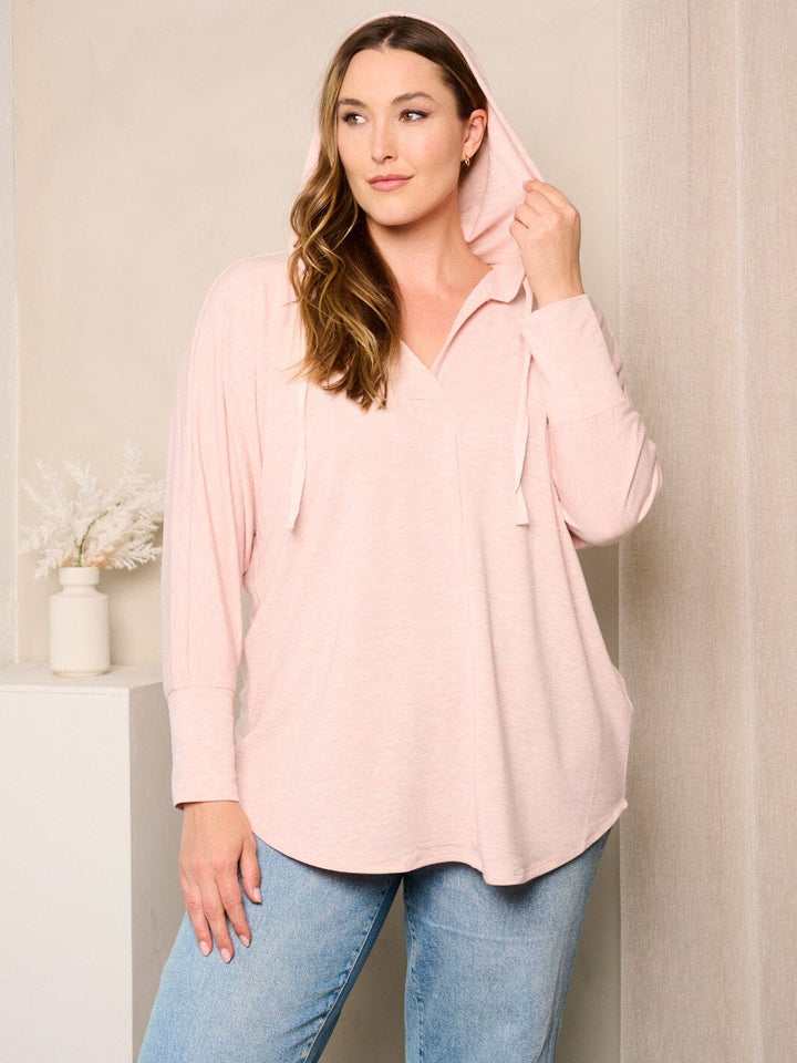 PLUS SIZE LONG SLEEVES V-NECK HOODED TUNIC TOP