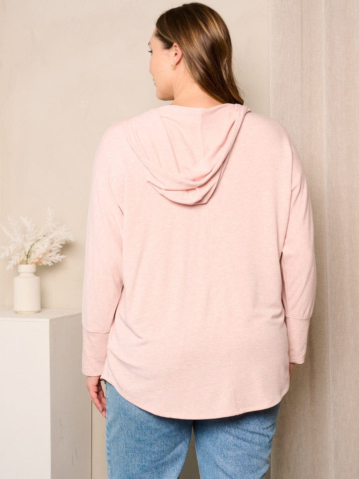 PLUS SIZE LONG SLEEVES V-NECK HOODED TUNIC TOP