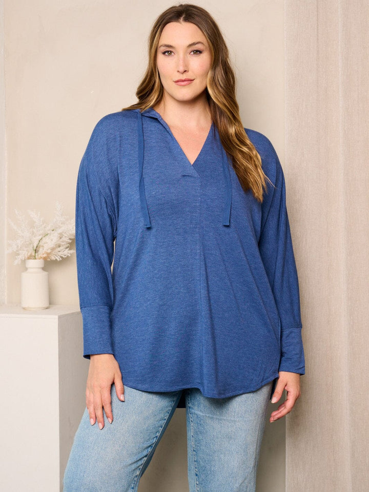PLUS SIZE LONG SLEEVES V-NECK HOODED TUNIC TOP