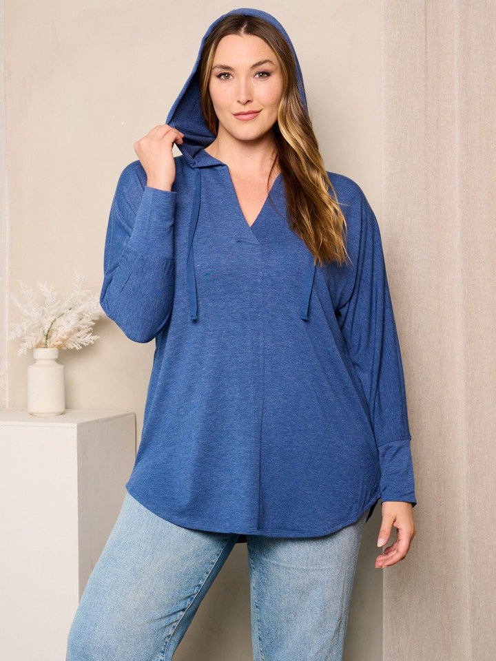 PLUS SIZE LONG SLEEVES V-NECK HOODED TUNIC TOP