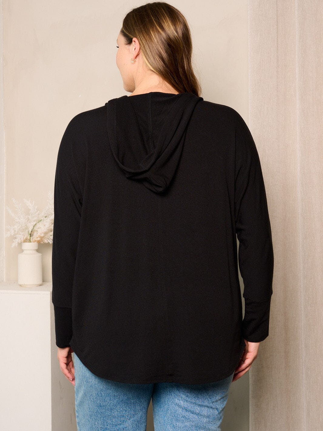 PLUS SIZE LONG SLEEVES V-NECK HOODED TUNIC TOP