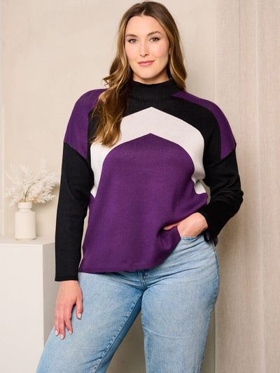 PLUS SIZE LONG SLEEVES COLORBLOCK MOCK NECK TOP