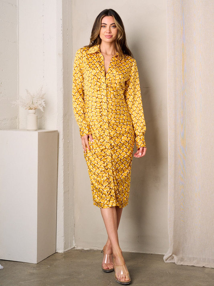 WOMEN'S LONG SLEEVE BUTTON UP MULTI PRINT MIDI DRESS