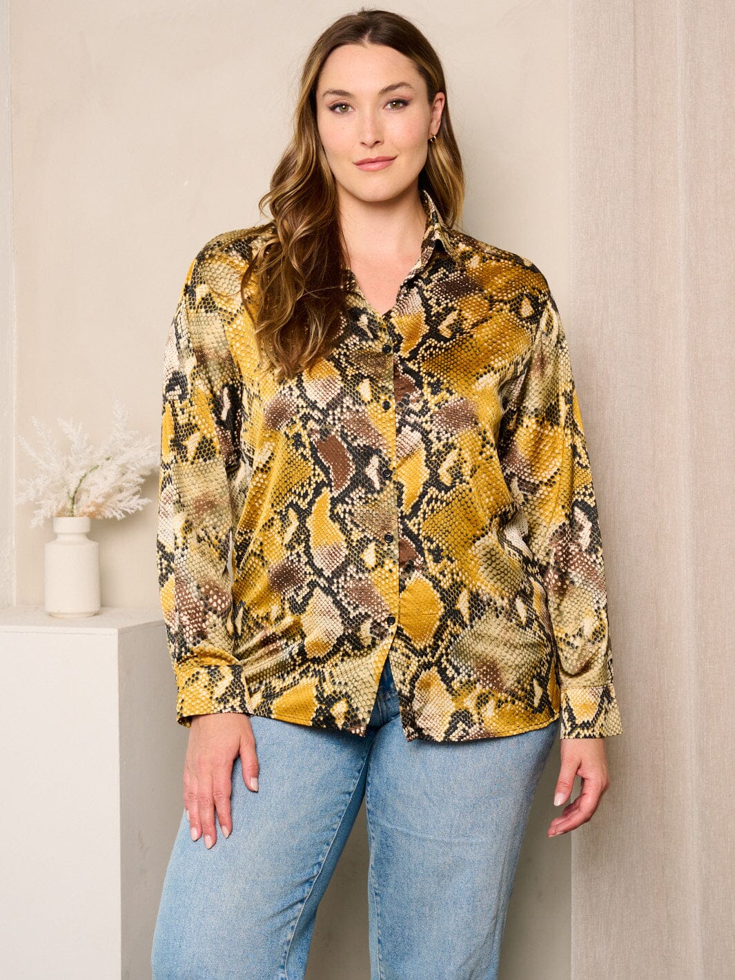 PLUS SIZE LONG SLEEVES BUTTON UP SNAKE PRINT BLOUSE TOP