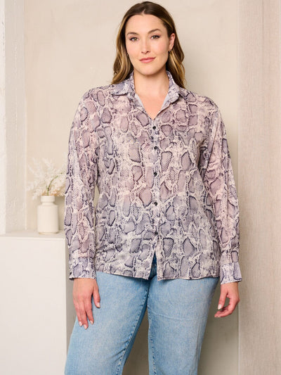 PLUS SIZE LONG SLEEVES BUTTON UP SNAKE PRINT BLOUSE TOP