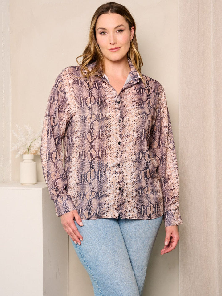 PLUS SIZE LONG SLEEVES BUTTON UP SNAKE PRINT BLOUSE TOP