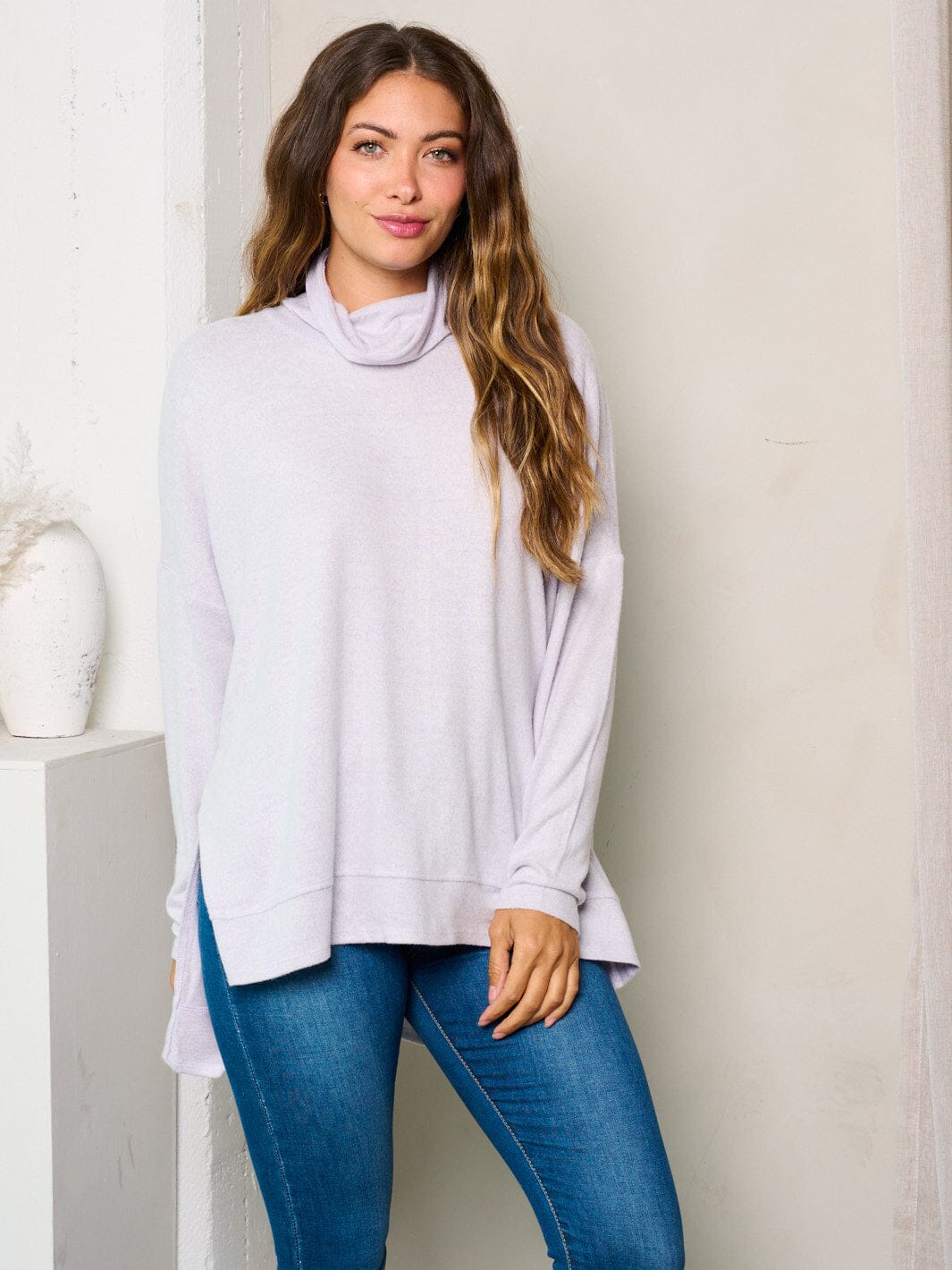WOMEN'S LONG SLEEVE MOCK NECK HIGH-LOW TUNIC TOP