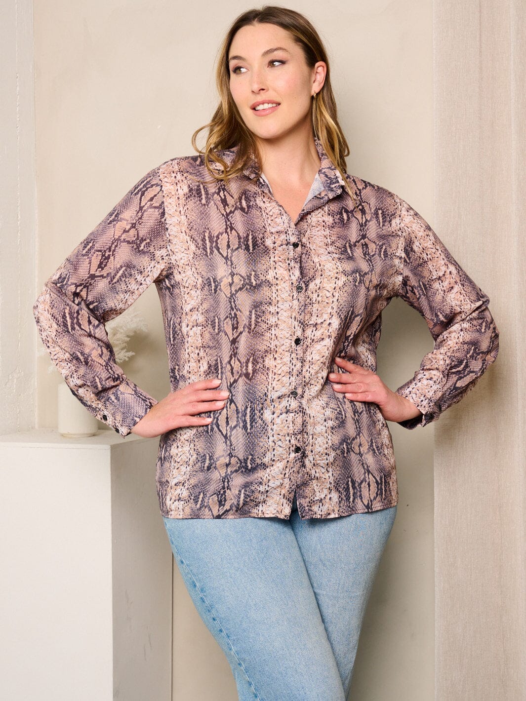 PLUS SIZE LONG SLEEVES BUTTON UP SNAKE PRINT BLOUSE TOP