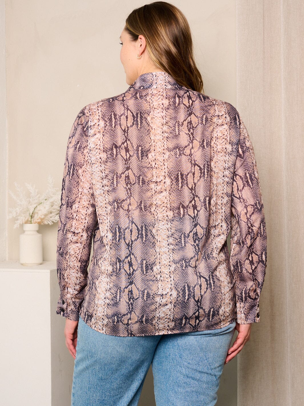 PLUS SIZE LONG SLEEVES BUTTON UP SNAKE PRINT BLOUSE TOP