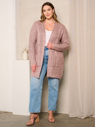 PLUS SIZE LONG SLEEVES OPEN FRONT POCKETS CARDIGAN
