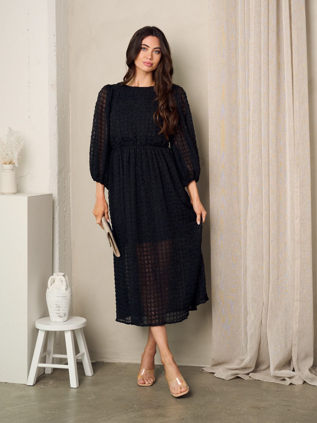 WOMEN'S 3/4 SLEEVES ELASTIC WAIST MIDI DRESS