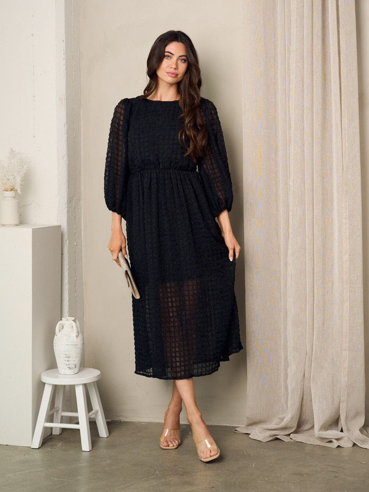 WOMEN'S 3/4 SLEEVES ELASTIC WAIST MIDI DRESS