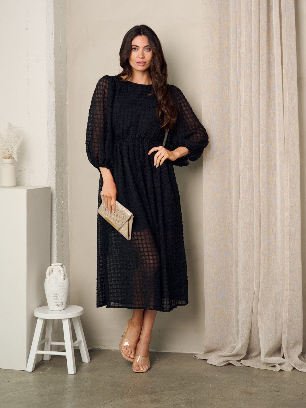 WOMEN'S 3/4 SLEEVES ELASTIC WAIST MIDI DRESS