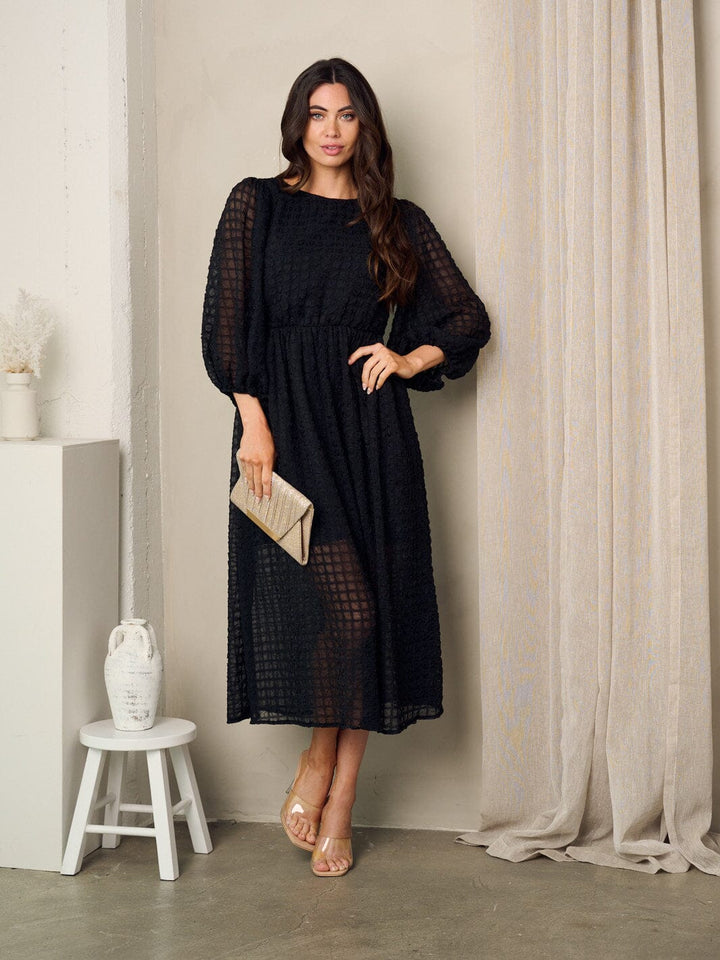 WOMEN'S 3/4 SLEEVES ELASTIC WAIST MIDI DRESS