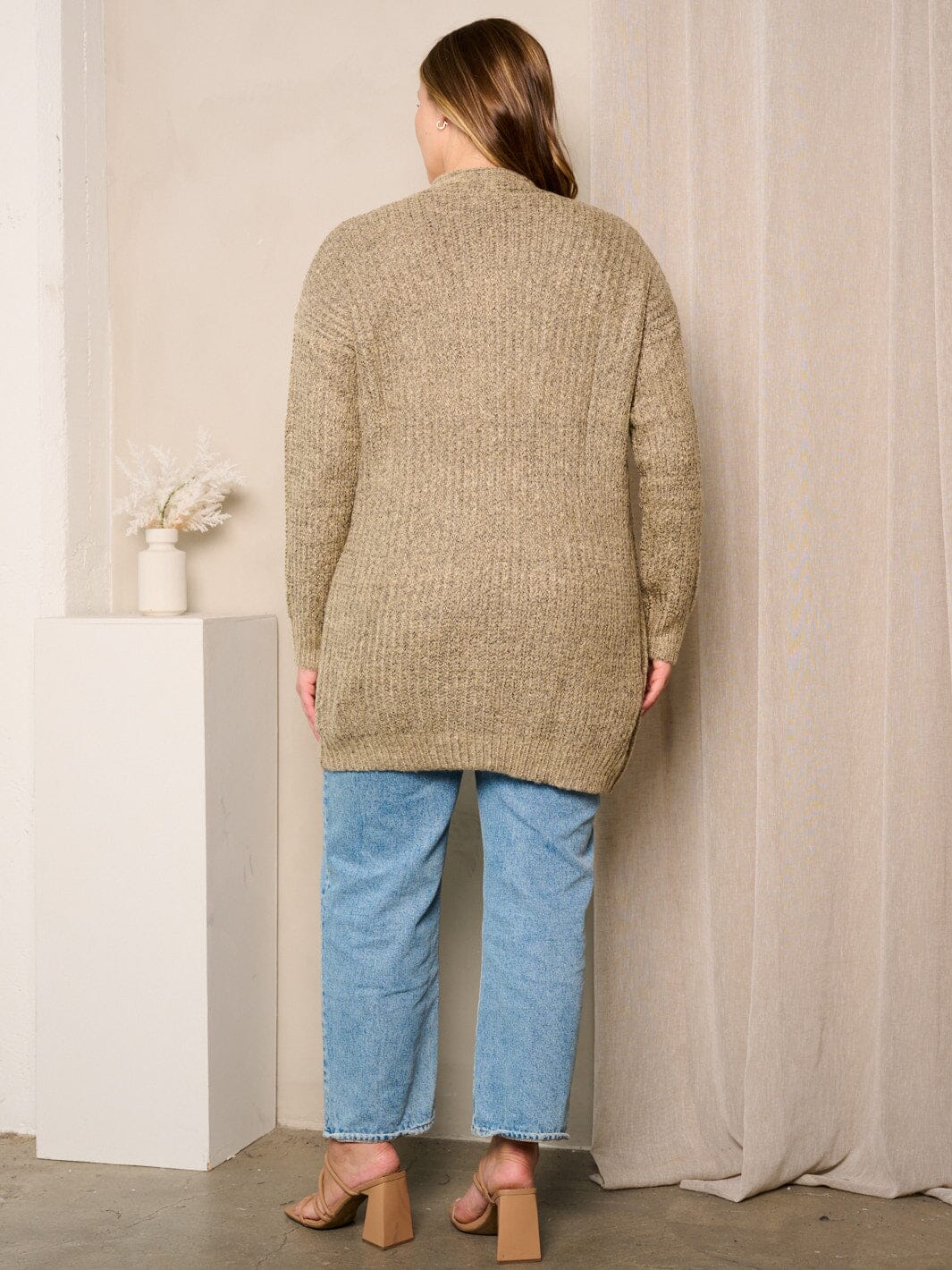 PLUS SIZE LONG SLEEVES OPEN FRONT POCKETS CARDIGAN