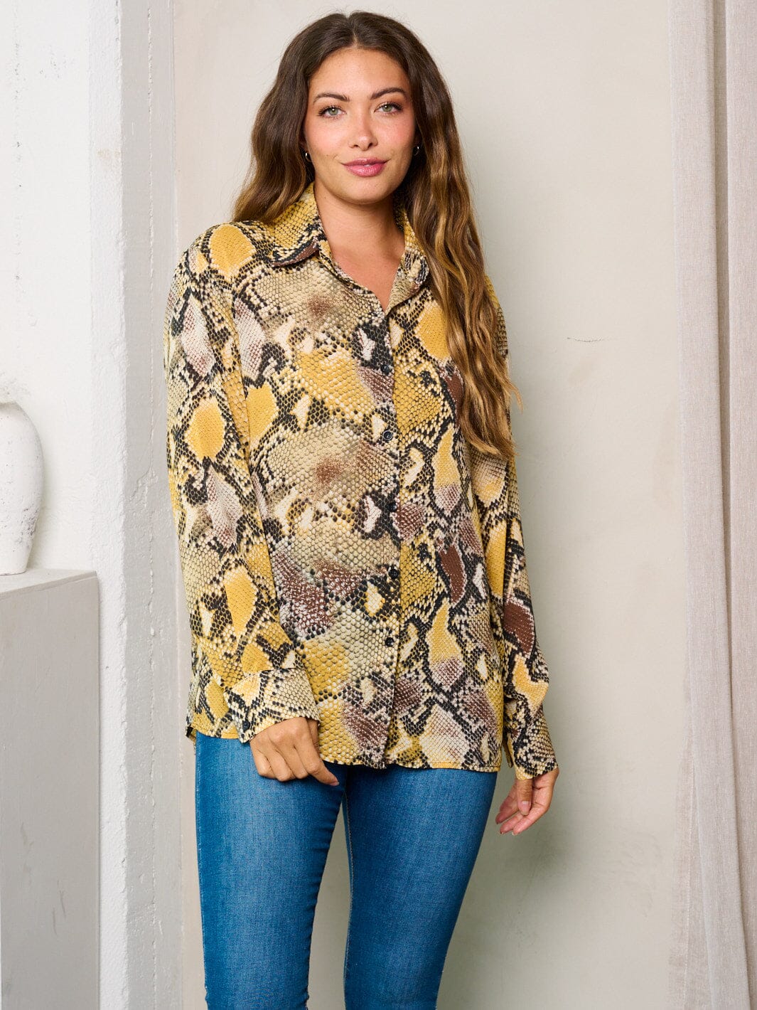 WOMEN'S LONG SLEEVES BUTTON UP SNAKE PRINT BLOUSE TOP