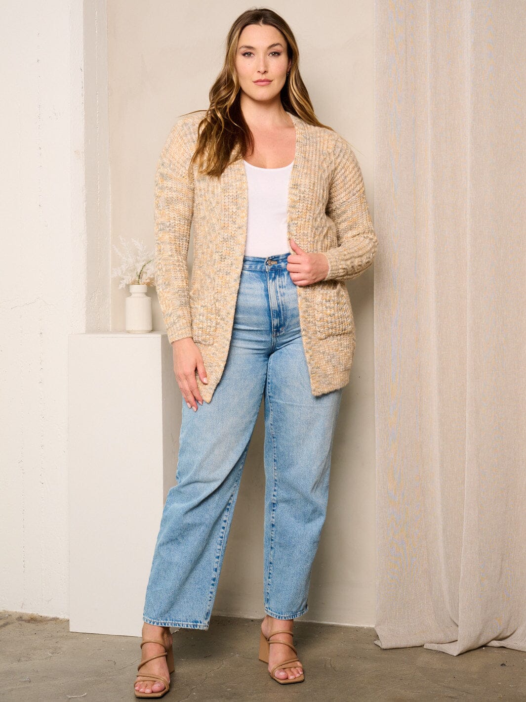 PLUS SIZE LONG SLEEVES OPEN FRONT POCKETS CARDIGAN