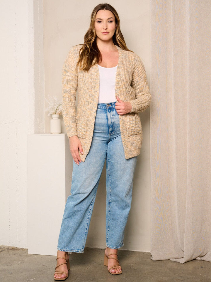 PLUS SIZE LONG SLEEVES OPEN FRONT POCKETS CARDIGAN