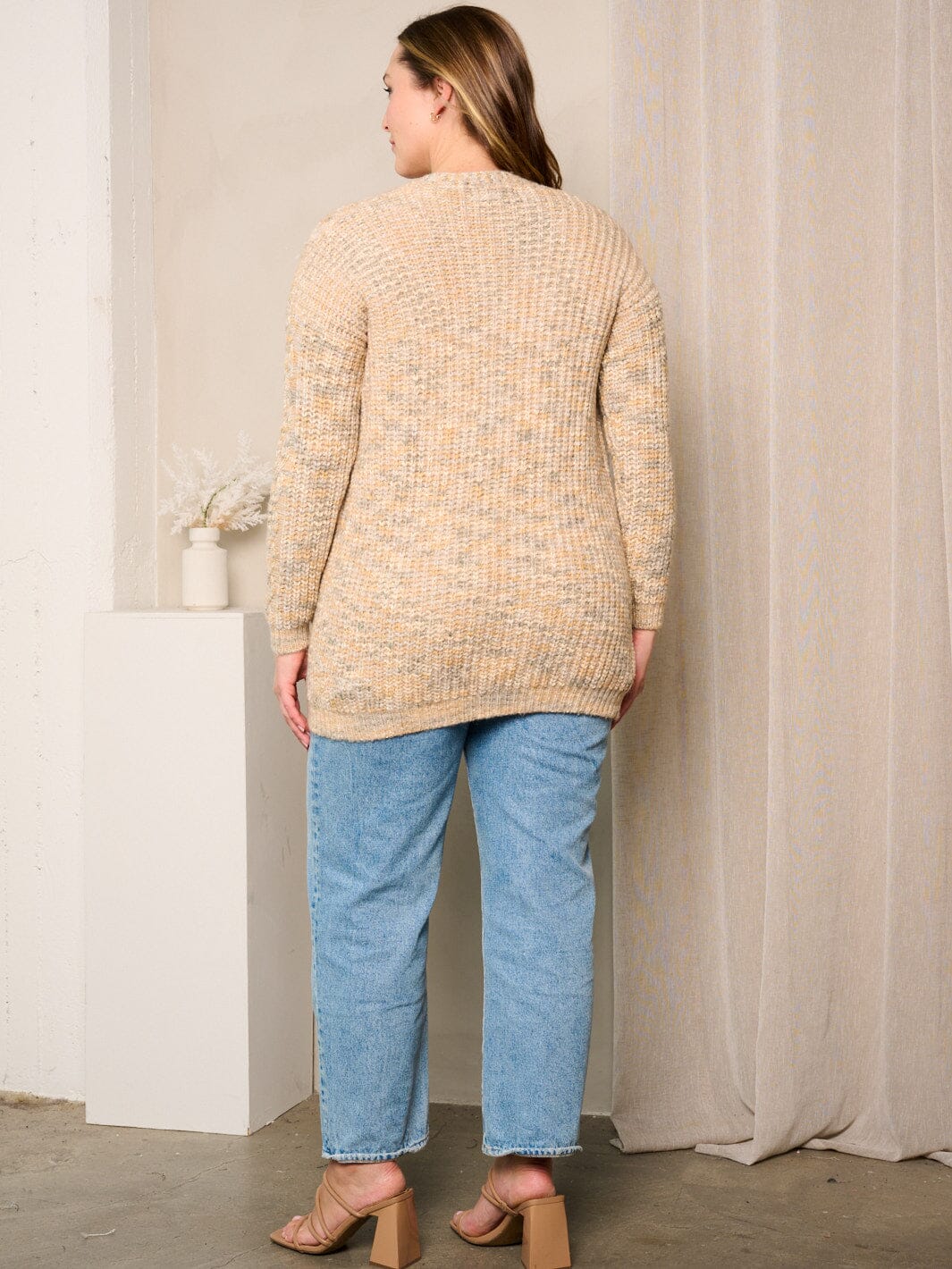 PLUS SIZE LONG SLEEVES OPEN FRONT POCKETS CARDIGAN