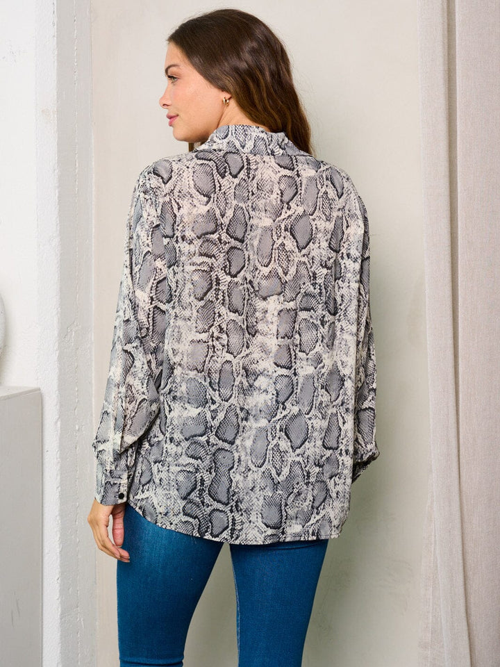 WOMEN'S LONG SLEEVES BUTTON UP SNAKE PRINT BLOUSE TOP