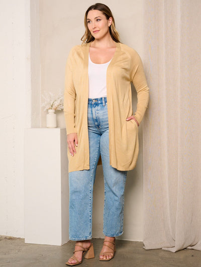 PLUS SIZE LONG SLEEVE OPEN FRONT POCKETS CARDIGAN