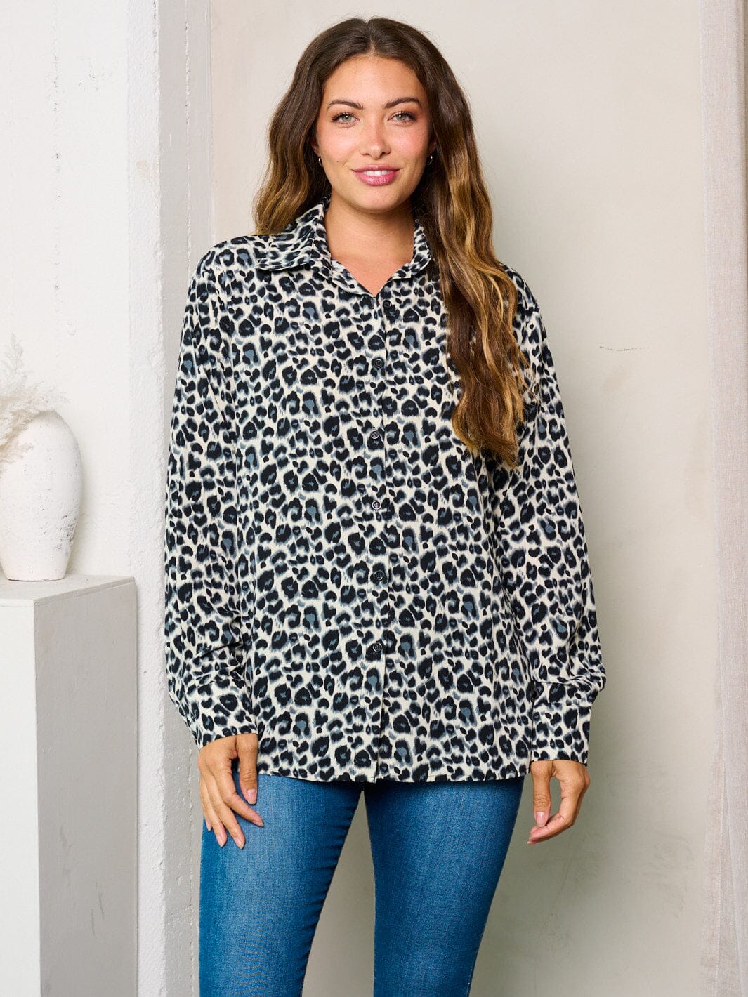 WOMEN'S LONG SLEEVES BUTTON UP LEOPARD PRINT BLOUSE TOP