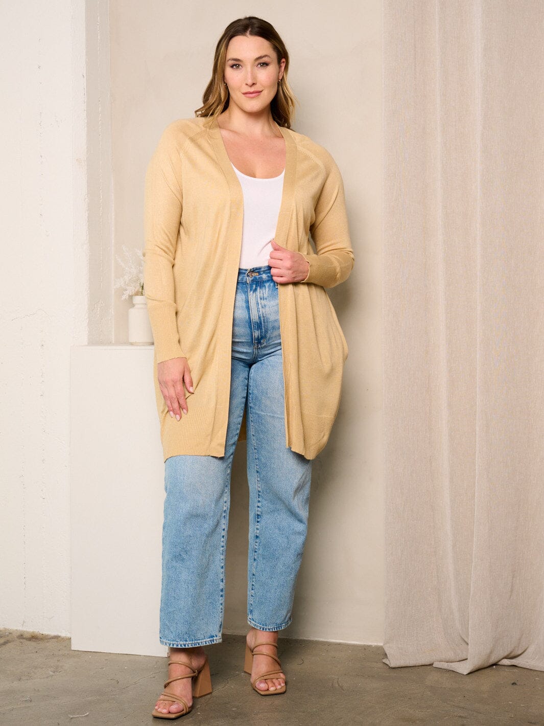 PLUS SIZE LONG SLEEVE OPEN FRONT POCKETS CARDIGAN