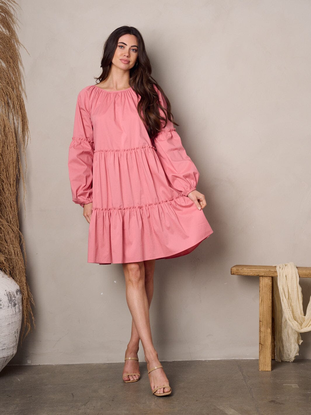 WOMEN'S LONG SLEEVE TIERED POPLIN MINI DRESS