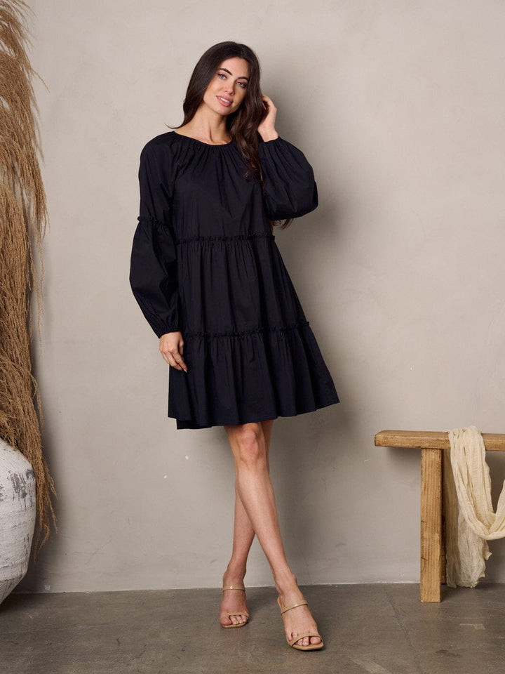 WOMEN'S LONG SLEEVE TIERED POPLIN MINI DRESS