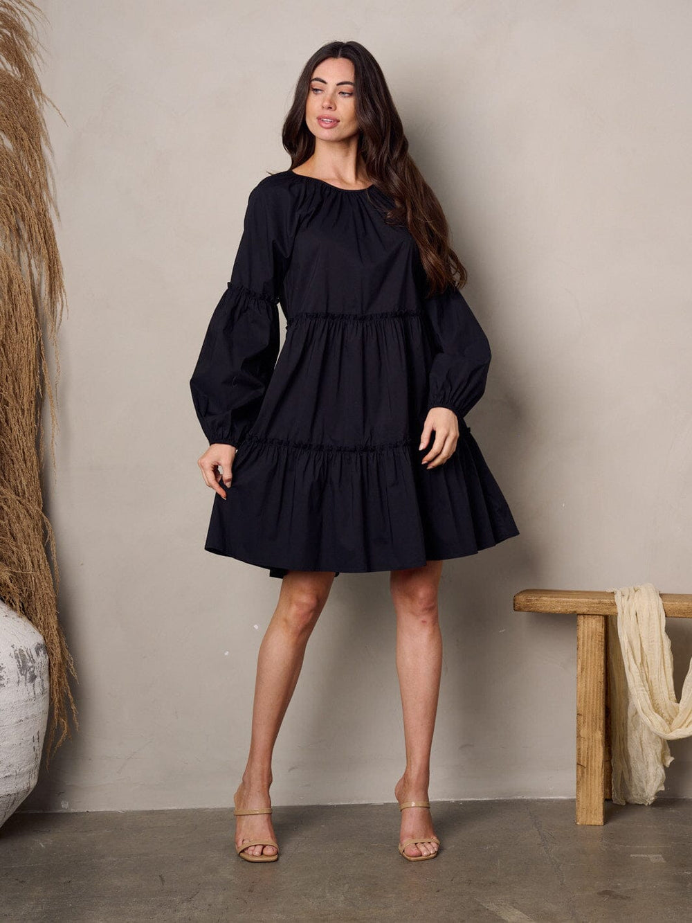 WOMEN'S LONG SLEEVE TIERED POPLIN MINI DRESS