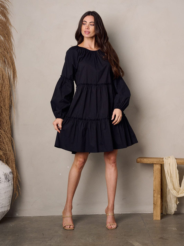 WOMEN'S LONG SLEEVE TIERED POPLIN MINI DRESS