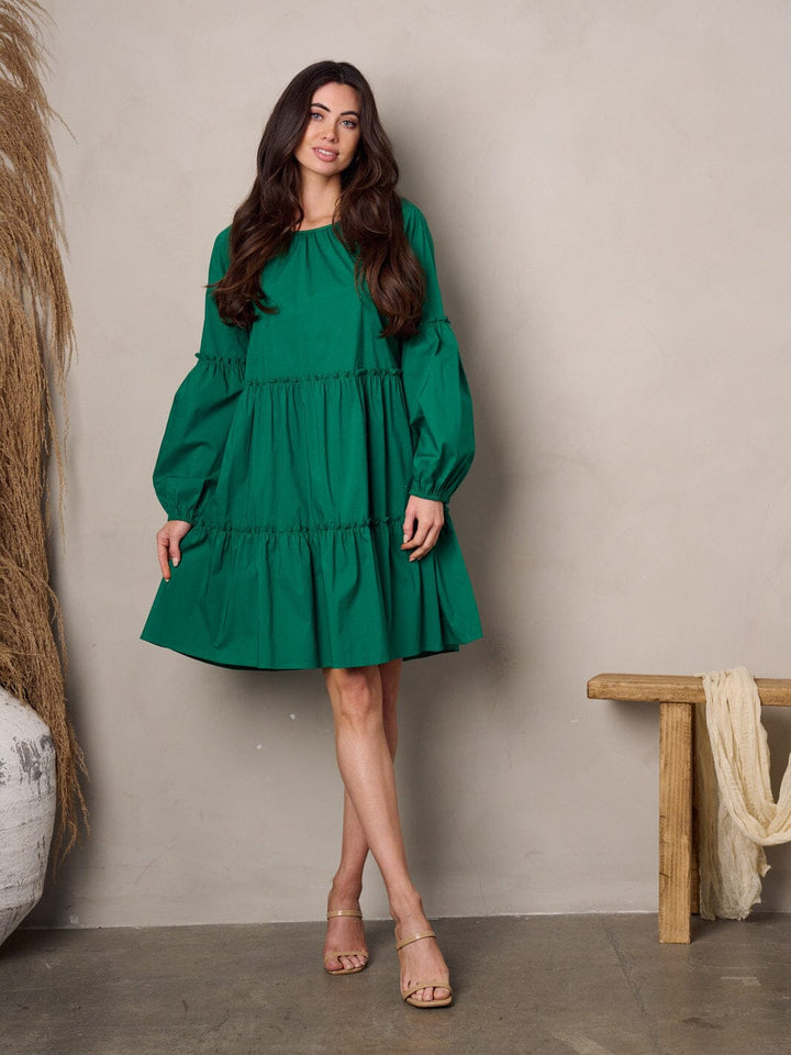 WOMEN'S LONG SLEEVE TIERED POPLIN MINI DRESS