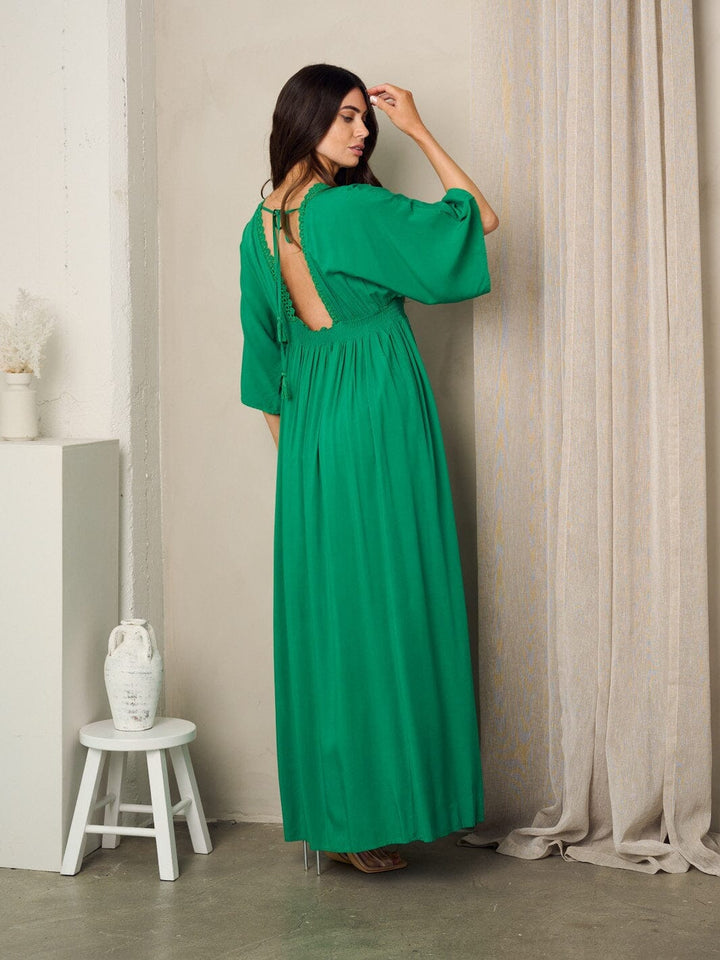 WOMEN'S 3/4 SLEEVE V-NECK TRIM DETAILED OPEN BACK MAXI DRESS