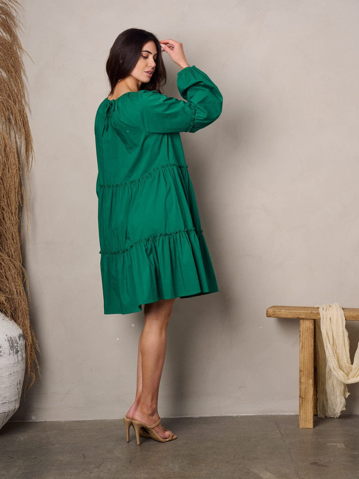 WOMEN'S LONG SLEEVE TIERED POPLIN MINI DRESS