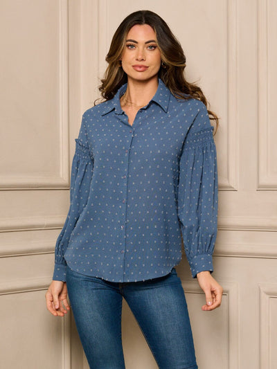 WOMEN'S LONG SLEEVE BUTTON UP SWISS DOTS BLOUSE TOP