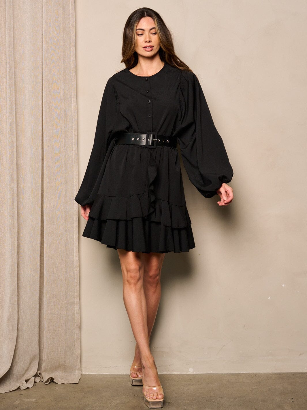 WOMEN'S LONG SLEEVE SELF TIE BELTED RUFFLE MINI DRESS