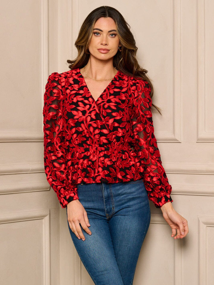 WOMEN'S LONG SLEEVE SURPLIVE LEAF DETAILED BLOUSE TOP