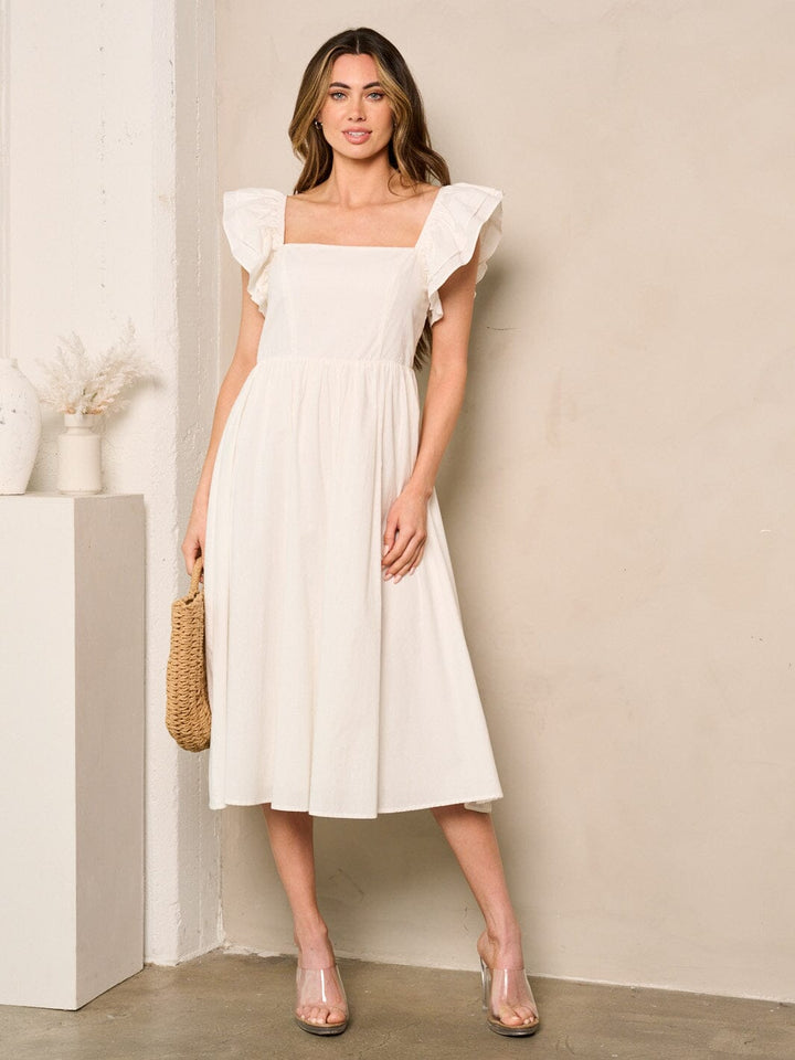 WOMEN'S SLEEVELESS SQUARE NECK RUFFLE MIDI DRESS