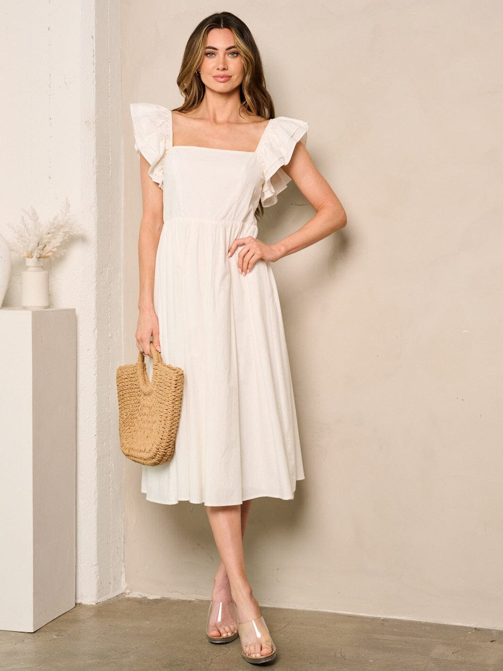 WOMEN'S SLEEVELESS SQUARE NECK RUFFLE MIDI DRESS