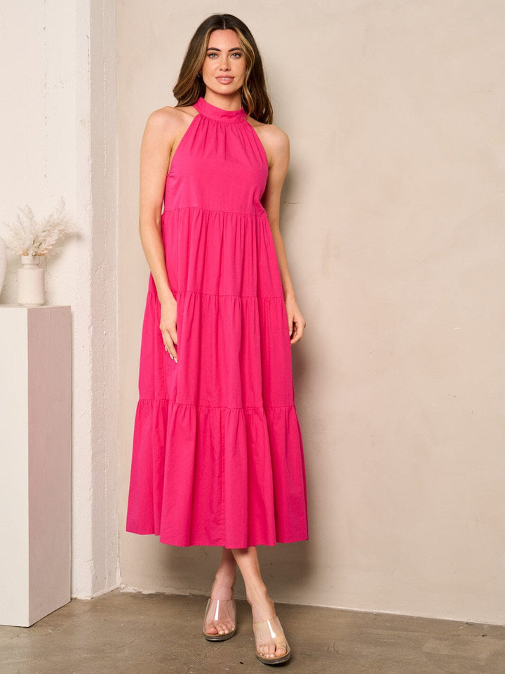 WOMEN'S SLEEVELESS HALTER NECK TIERED MAXI DRESS